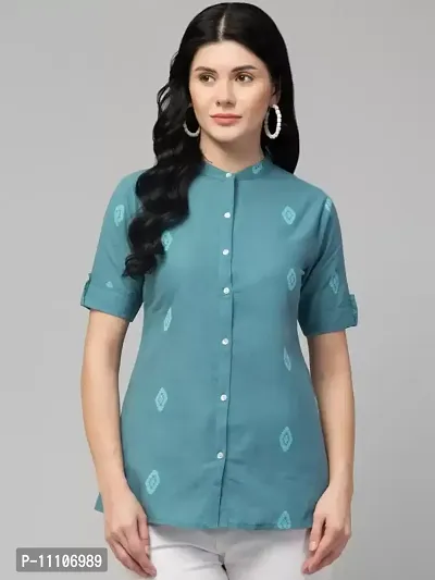 Elegant Blue Printed Cotton Short Kurta For Women-thumb0