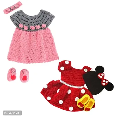 Knitting by Love handmade woolen dress cum frock with cap and booties - Set of 2