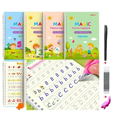 DMFS Magic Practice Copybook, (4 BOOK + 10 REFILL+ 1 Pen +2 Grip) Number Tracing Book for Preschoolers with Pen, Magic Calligraphy Copybook Set Practical Reusable Writing Tool Simple Hand Lettering