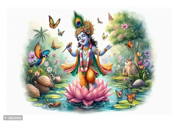 God Krishna Religious Poster For Wall 12X18 Inches With Gloss Lamination