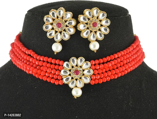 Traditional Brass Red Jewellery Set For Women