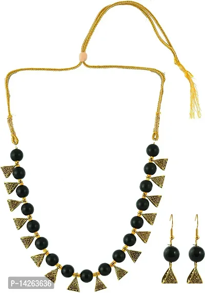 Traditional Alloy And Brass Black And Gold Jewellery Set For Women