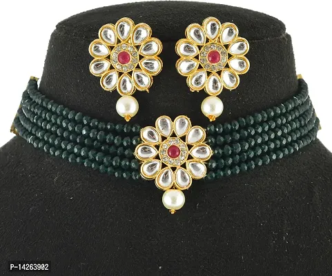 Traditional Brass Green And Silver Jewellery Set For Women