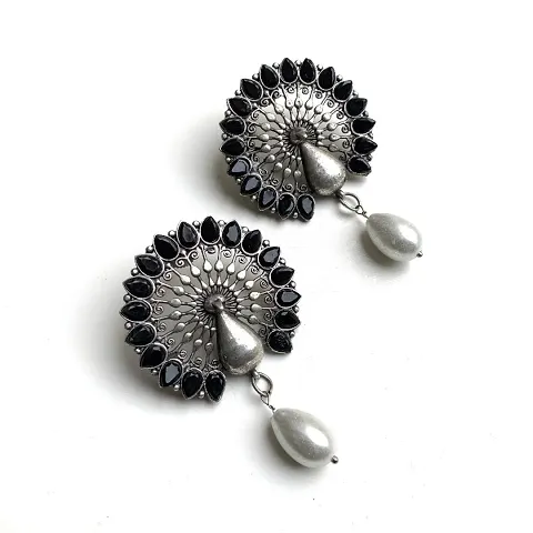 Brass Stone studded oxidised Stud Earring