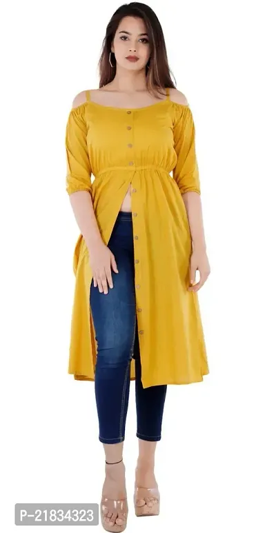 Women Solid Viscose Rayon Frontslit Kurta (Yellow)-thumb0