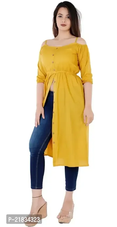 Women Solid Viscose Rayon Frontslit Kurta (Yellow)-thumb3