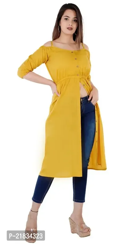 Women Solid Viscose Rayon Frontslit Kurta (Yellow)-thumb5