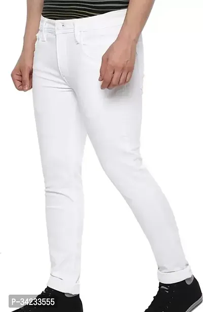 Stylish White Denim Solid Slim Fit Jeans For Men-thumb0