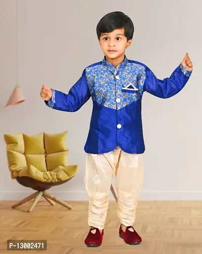 Kids Boys Designer Sherwani Set with Elasticated Pyjama (Blue)-thumb0