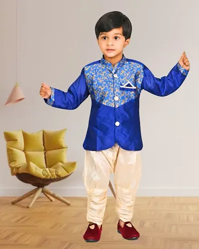 Kids Boys Designer Sherwani Set with Elasticated Pyjama (Blue)