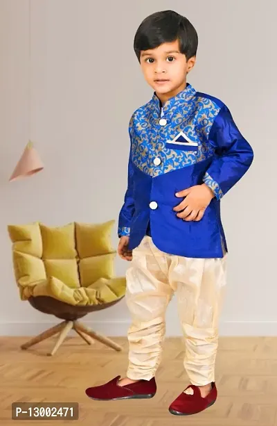 Kids Boys Designer Sherwani Set with Elasticated Pyjama (Blue)-thumb3