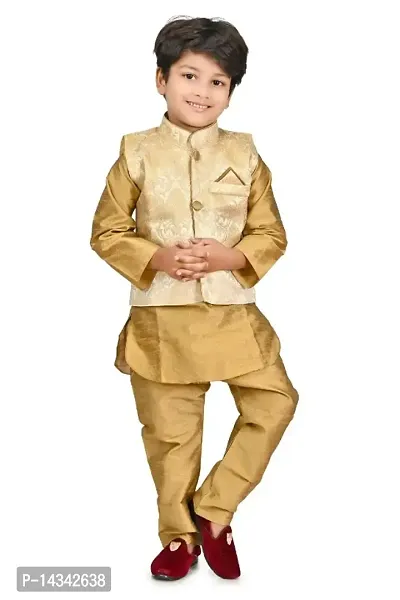 Trendy Boys/Kids Dupion Silk Kurta Pyjama Set with Designer Waistcoat-thumb0