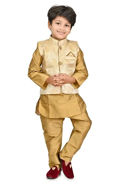 Trendy Boys/Kids Dupion Silk Kurta Pyjama Set with Designer Waistcoat