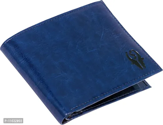 Designer Blue Leather Self Design Two Fold Wallet For Men-thumb0