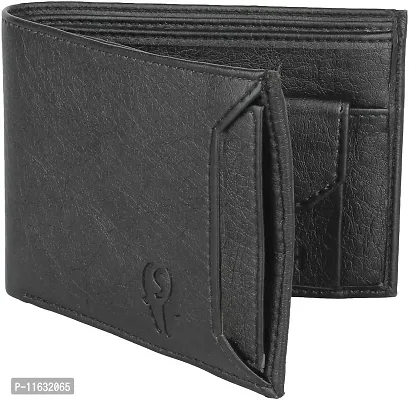 Designer Black Artificial Leather Self Design Two Fold Wallet For Men-thumb2