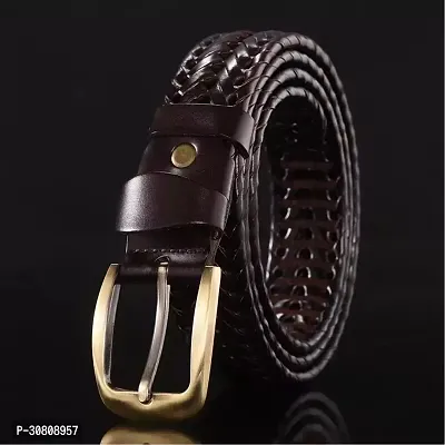 Elegant Brown Leather Woven Design Belts For Men