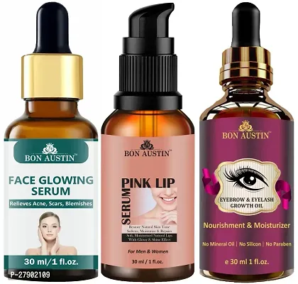 Bon Austin Face Glowing Serum, Pink Lip Serum  Eyebrow and Eyelash Growth Oil (Each, 30ml) Combo of 3 Items