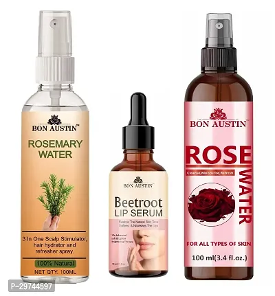 Natural Rosemary Water For Hair Regrowth, Beetroot Lip Serum And Natural Rose Water 100ml - Set of 3 Items