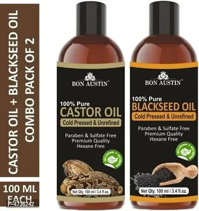 Bon Austin Premium Castor Oil  Blackseed(Kalonji) Oil - Cold Pressed  Unrefined Combo Pack Of 2 Bottles Of 100 Ml(200 ml)