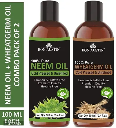 Bon Austin Premium Neem Oil  Wheatgerm Oil - Cold Pressed  Unrefined Combo Pack Of 2 Bottles Of 100 Ml(200 ml)