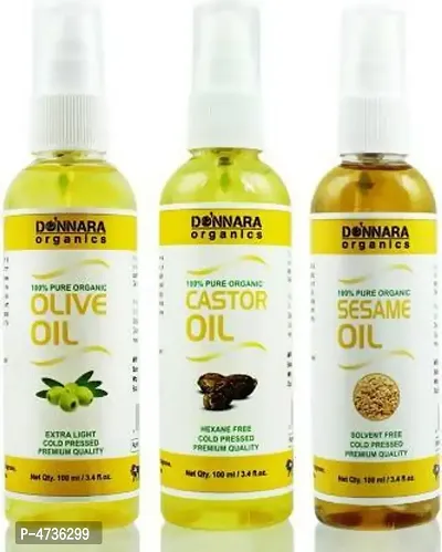 Donnara Organics Premium Olive Oil, Castor Oil  Sesame Oil Combo Pack Of 3 Bottles Of 100Ml(300 ml)-thumb0