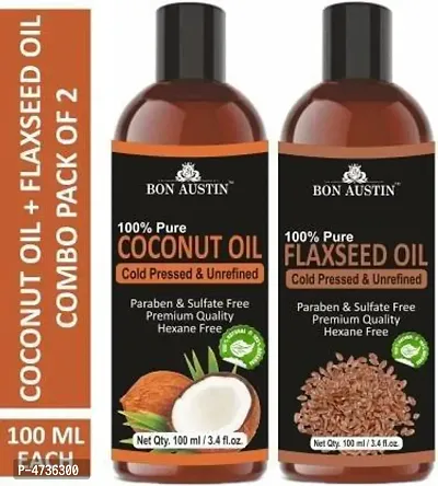Bon Austin Premium Coconut Oil  Flaxseed Oil - Cold Pressed  Unrefined Combo Pack Of 2 Bottles Of 100 Ml(200 ml)