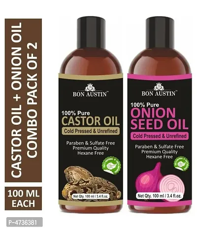 Bon Austin 100% Pure  Natural Castor Oil  Onion Seed Oil Combo Pack Of 2 Bottles Of 100 Ml(200 ml)