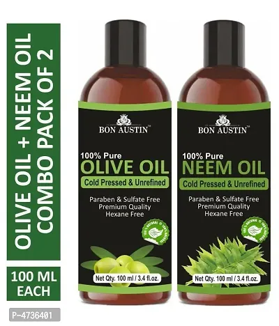 Bon Austin Premium Olive Oil  Neem Oil - Cold Pressed  Unrefined Combo Pack Of 2 Bottles Of 100 Ml(200 ml)