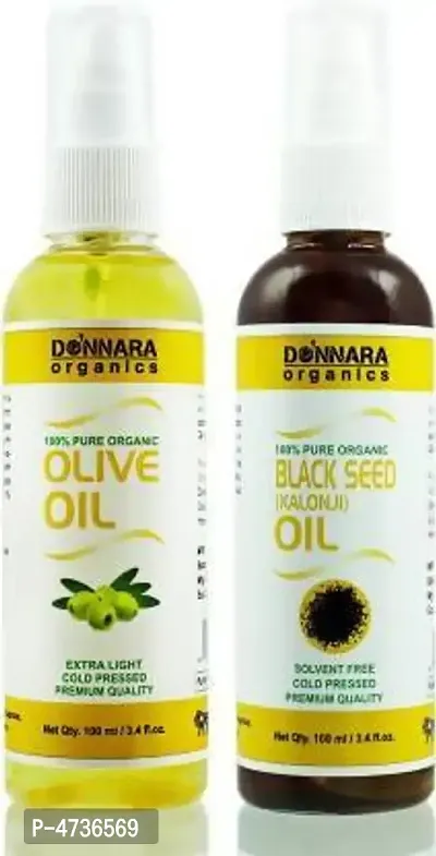 Donnara Organics 100% Pure Olive Oil And Black Seed(Kalonji) Oil Combo Of 2 Bottles Of 100 Ml(200 ml)