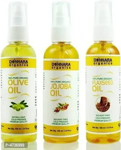 Donnara Organics Premium Olive Oil, Jojoba Oil  Flaxseed Oil Combo Pack Of 3 Bottles Of 100Ml(300 ml)