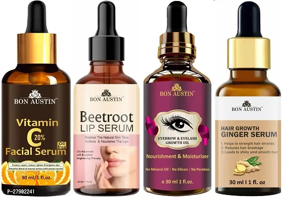 Bon Austin Vitamin C20% Facial Serum, Beetroot Lip Serum, Eyebrow and Eyelash Growth Oil  Hair Growth Ginger Serum - Combo of 4 Items (Each, 30ML)