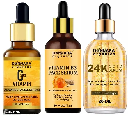 Donnara Organics Vitamin C20% Facial Whitening Serum, Vitamin B3 Face Serum  24K Gold Facial Serum (Each,30ml) Combo of 3