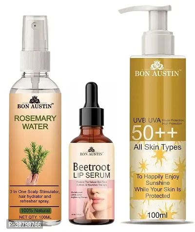 Bon Austin Rosemary Water | Hair Spray For Regrowth | Hair Growth Expert 100ml, Beetroot Lip Serum 30ML  UVA  UVB Protection Sunscreen 100ml  - Set of 3 Items