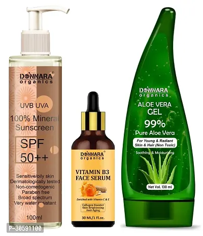 Natural Mineral Sunscreen Cream UVB  UVA Protection with SPF 50++ 100ml, Vitamin B3 Face Serum 30ml  Natural Aloe Vera Gel 130ml - Combo of 3 Items-thumb0