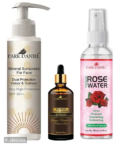 Park Daniel Very High Dual Protection with SPF 50++ Sunscreen 100ml, Retinol Face Serum - Younger, Clear  Brighter Skin 30ml  Natural Rose Water 100ml - Combo of 3 Items-thumb0