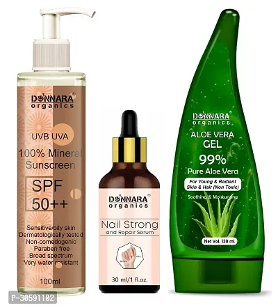 Natural Mineral Sunscreen Cream UVB  UVA Protection with SPF 50++ 100ml, Nail Strong and Repair Serum 30ml  Natural Aloe Vera Gel 130ml - Combo of 3 Items