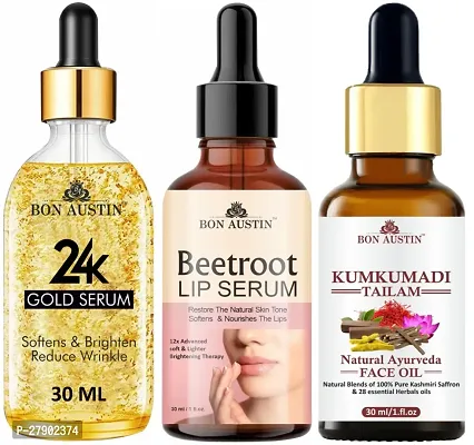 Bon Austin 24K Gold Face Serum, Beetroot Lip Serum (Lip Nourishment)  Kumkumadi Tailam/Face Oil - Combo of 3 Items (Each, 30ml)