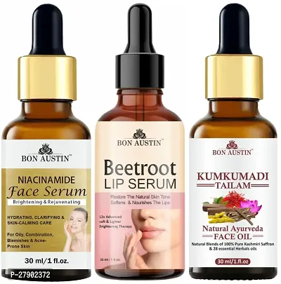 Bon Austin Niacinamide Brightening Serum, Beetroot Lip Serum (Lip Nourishment)  Kumkumadi Tailam/Face Oil - Combo of 3 Items (Each, 30ml)