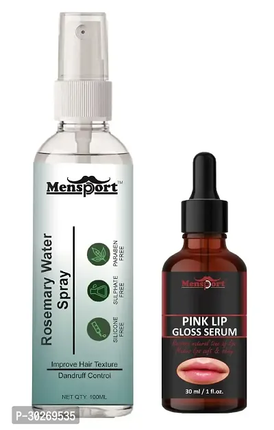 Mensport Rosemary Water | Hair Spray For Hair Regrowth 100ml  Pink Lip Gloss Serum (Restore Natural Tone of Lips) 30ml - Set of 2 Items