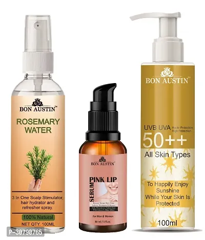 Bon Austin Rosemary Water | Hair Spray For Regrowth | Hair Growth Expert 100ml, Pink Lip Serum 30ML  UVA  UVB Protection Sunscreen 100ml  - Set of 3 Items