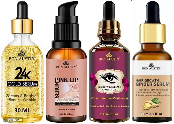 Bon Austin 24K Gold Face Serum, Pink Lip Serum, Eyebrow and Eyelash Growth Oil  Hair Growth Ginger Serum - Combo of 4 Items (Each, 30ML)
