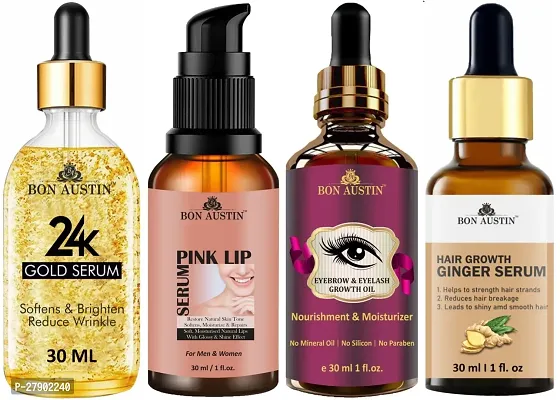 Bon Austin 24K Gold Face Serum, Pink Lip Serum, Eyebrow and Eyelash Growth Oil  Hair Growth Ginger Serum - Combo of 4 Items (Each, 30ML)-thumb0