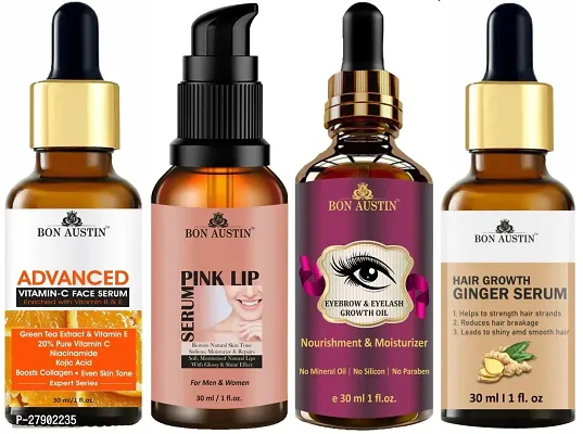 Bon Austin Advance Vitamin C Face Serum, Pink Lip Serum, Eyebrow and Eyelash Growth Oil  Hair Growth Ginger Serum - Combo of 4 Items (Each, 30ML)