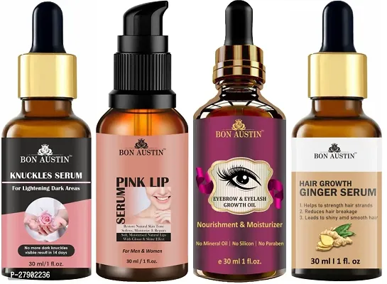 Bon Austin Knuckle Skin Whitening Serum, Pink Lip Serum, Eyebrow and Eyelash Growth Oil  Hair Growth Ginger Serum - Combo of 4 Items (Each, 30ML)-thumb0