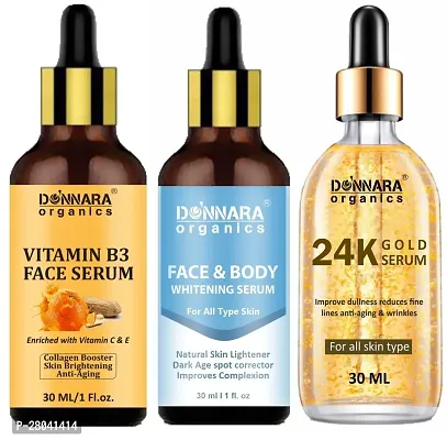 Donnara Organics Vitamin B3 Facial Serum, Face and Body Whitening Serum  24k Gold Facial Serum (Each,30ml) Combo of 3