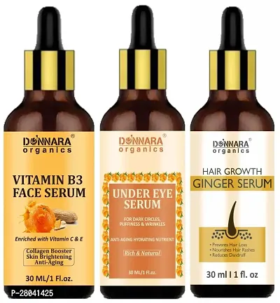 Donnara Vit-B3 Facial Serum, Under Eye Dark Circle Serum  Hair Growth Ginger Serum (Each,30ml) Combo of 3