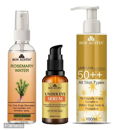 Bon Austin Rosemary Water | Hair Spray For Regrowth | Hair Growth Expert 100ml, Under Eye Serum 30ML  UVA  UVB Protection Sunscreen 100ml  - Set of 3 Items