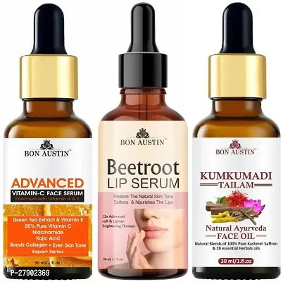 Bon Austin Advance Vitamin C Serum, Beetroot Lip Serum (Lip Nourishment)  Kumkumadi Tailam/Face Oil - Combo of 3 Items (Each, 30ml)