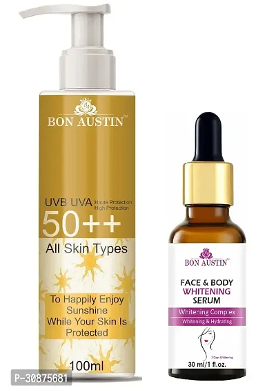 Bon Austin Broad Spectrum SPF 50++ Sunscreen 100ML  Face and Body Whitening Serum 30ML - Combo of 2-thumb0