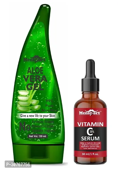 Mensport Multipurpose Aloe Vera Gel 130ml  Vitamin C20% Facial Serum 30ML - Combo of 2 Items-thumb0